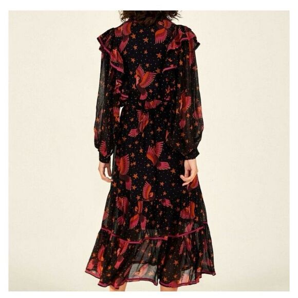 Farm Rio Women’s Black Pink Macaw Bird Orange Stars 3D Star Buttons Midi Dress - Picture 13 of 13